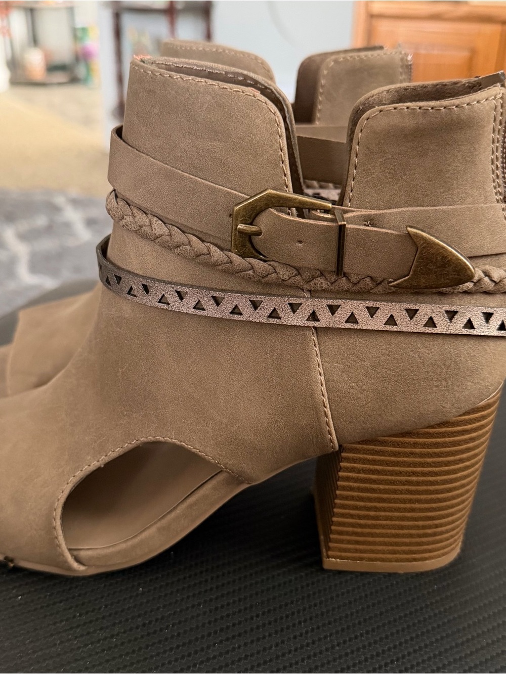 Taupe Women’s Peep-Toe Heeled Ankle Boot with Decorative Strap